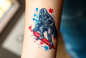 Darth Vader skateboarding >
blue & red
skateboard words "Darth Carter"
add date 12/29/88-01/06/24 tattoo idea