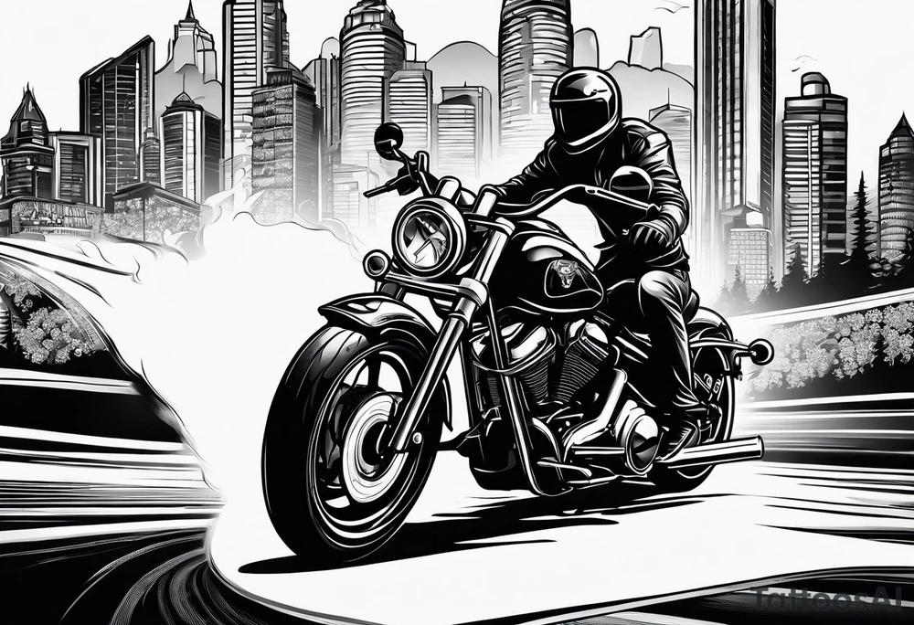 playing cards over a city with a motorcycle on the road tattoo idea