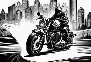 playing cards over a city with a motorcycle on the road tattoo idea