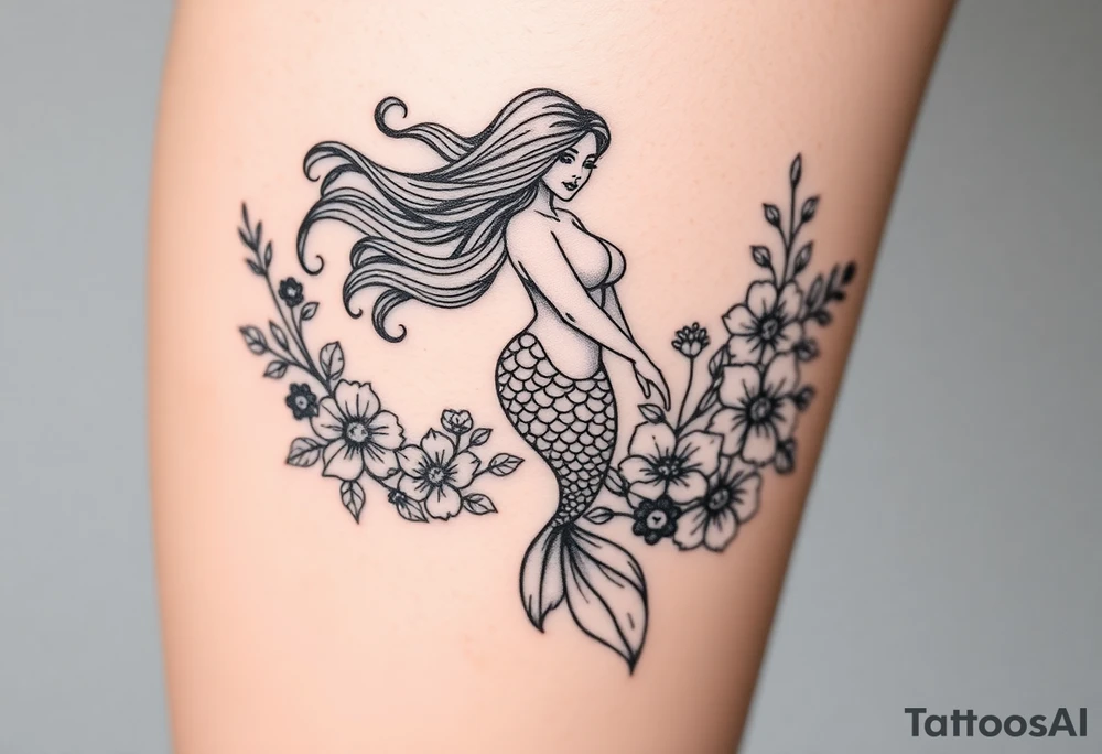 ethereal mermaid with flowing hair among coral and sea flowers tattoo idea