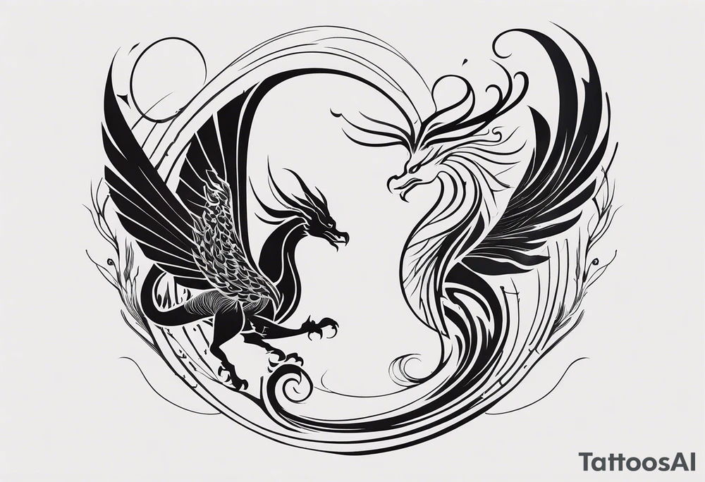 For a Gen Z-inspired dragon and phoenix tattoo, think of a clean, minimalist design that combines symbolism with bold, sleek lines. Imagine a dragon and phoenix spiraling together in a yin-yang-inspired layout. The dragon has a slightly abstract, modern shape, with sharp, flowing lines to show power, resilience, and wisdom, while the phoenix is rendered with sweeping curves and minimal detailing, symbolizing rebirth, growth, and transformation.

Both creatures should interact in a harmonious way, representing balance and duality. To keep it meaningful, focus on line work rather than intricate shading—clear, open spaces allow the tattoo to feel light and energetic. Adding small symbols, like stars or a faint galaxy backdrop, can enhance the "rising from ashes" and "strength through challenge" themes. This design will have a timeless appeal while resonating with Gen Z’s love for symbolism and simplicity. tattoo idea