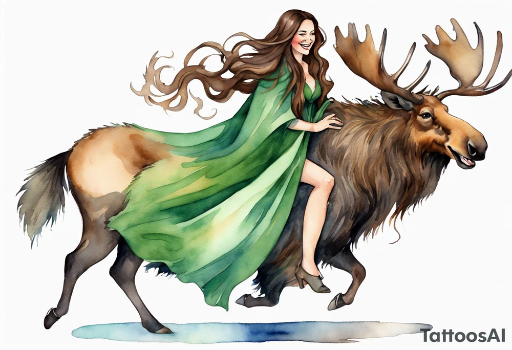 a watercolor of a curvy woman with long brown hair and light brown skin and green eyes wearing a fur cloak laughing riding a moose tattoo idea
