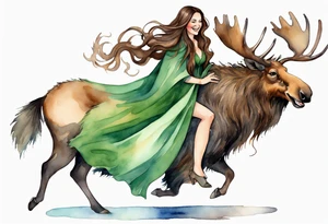 a watercolor of a curvy woman with long brown hair and light brown skin and green eyes wearing a fur cloak laughing riding a moose tattoo idea