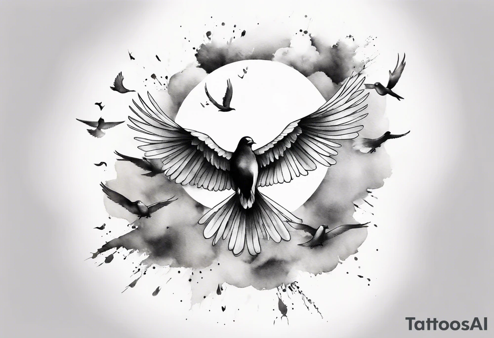 shoulder tattoo with light rays with birds flying free among the clouds, round shape, 3d effect tattoo idea