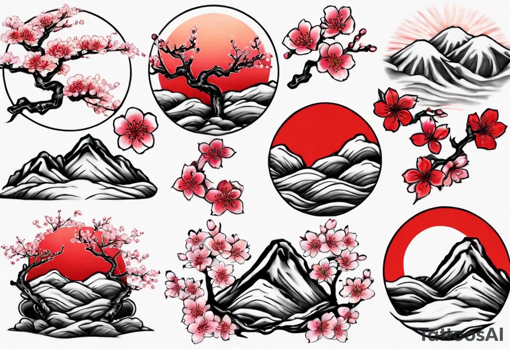 Cherry blossom red sun mountains tattoo idea