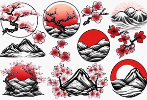 Cherry blossom red sun mountains tattoo idea