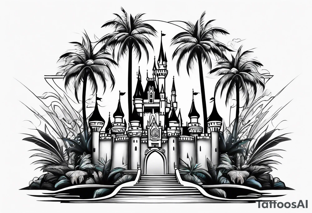 disney castle palm tree tron style tattoo idea