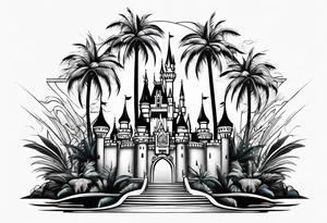 disney castle palm tree tron style tattoo idea