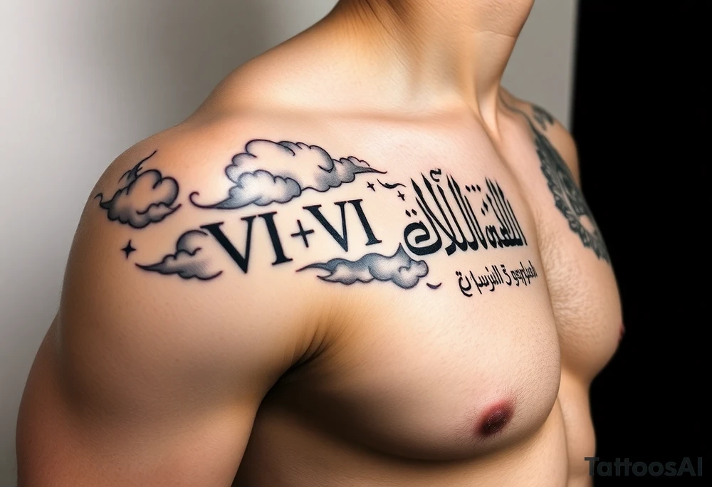ruman numerals VI•VI•MCMLXXX above the right nipple overlapping from chest to shoulder, shaded up with clouds and somewhere on the same shoulder arabic writing لا تخف من شيء . tatoo should be on chest and not back and it should overlap into shoulder tattoo idea