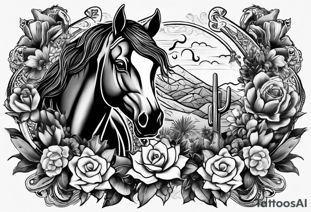 womens western punchy tattoo sleeve with playing cards, horseshoes, cactuses, snakes, and a bull skull with flowers in the background tattoo idea