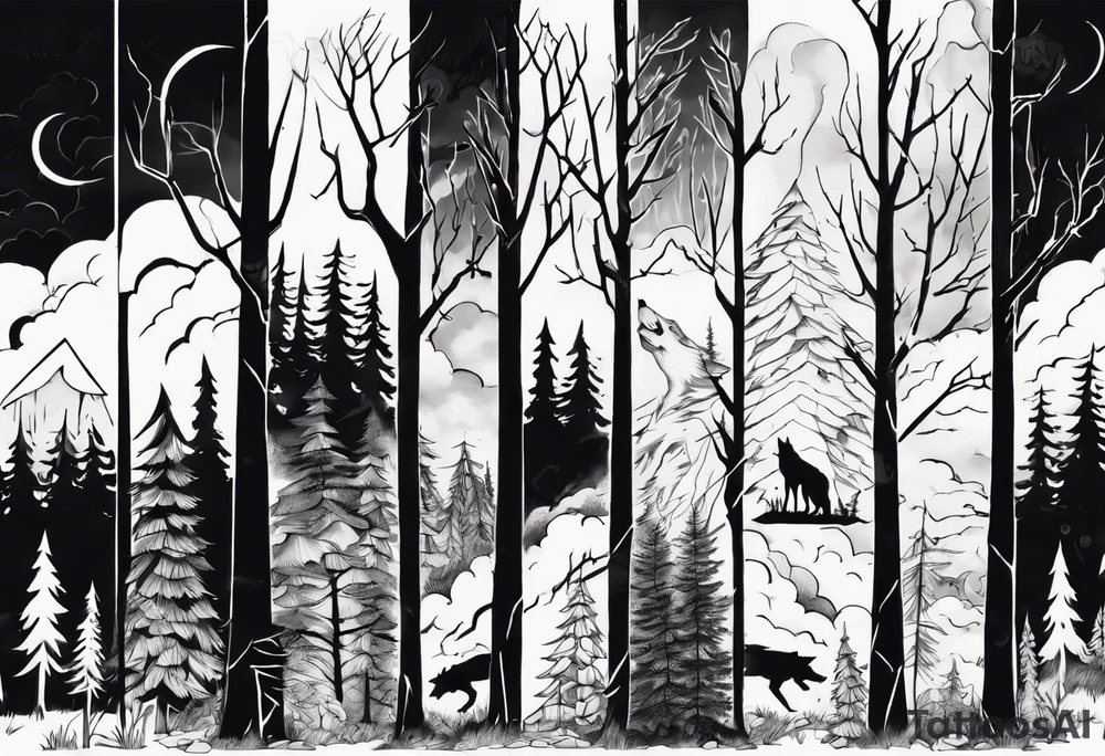 a thunder and lightning storm over a forest with a distant wolf howling and a drums tattoo idea a thunder and lightning storm over a forest with a distant wolf howling and a drums tattoo idea