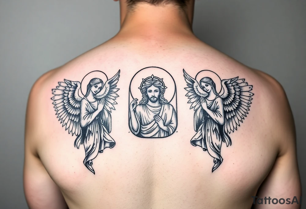 russian orthodox symmetrical guardian angel icon on left and right side of back with both angels holding up a jesus potrait tattoo idea