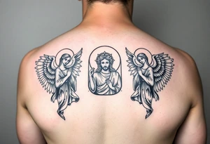russian orthodox symmetrical guardian angel icon on left and right side of back with both angels holding up a jesus potrait tattoo idea