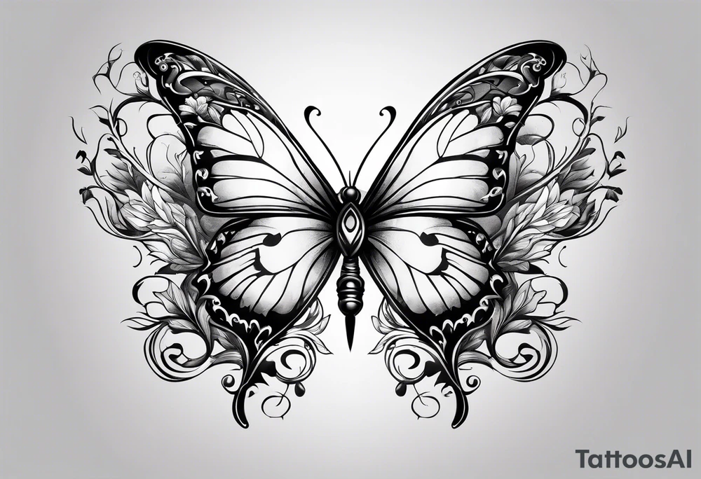 Butterfly with sword in the middle tattoo idea Butterfly with sword in the middle tattoo idea