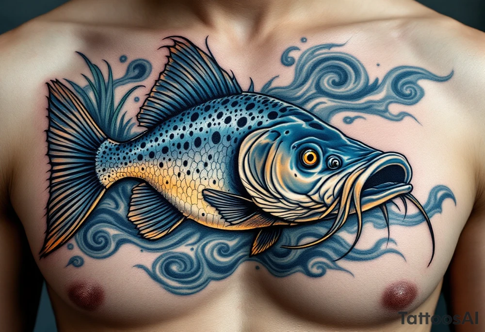 Traditional Southern Catfish – A thick-bodied catfish with blue-gray skin, long flowing whiskers, and dark spots along its back. Surrounded by murky water swirls and reeds, in a classic Americana style. tattoo idea