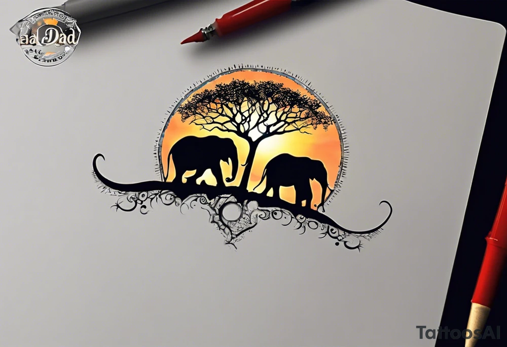 “AI, can you create a unique tattoo design for me? I envision three elephants – a small one in the front, the dad behind, and the mom behind the dad. I’d like the background to feature a rising sun and an African tree. Feel free to add your artistic touch and details to make it special.” tattoo idea