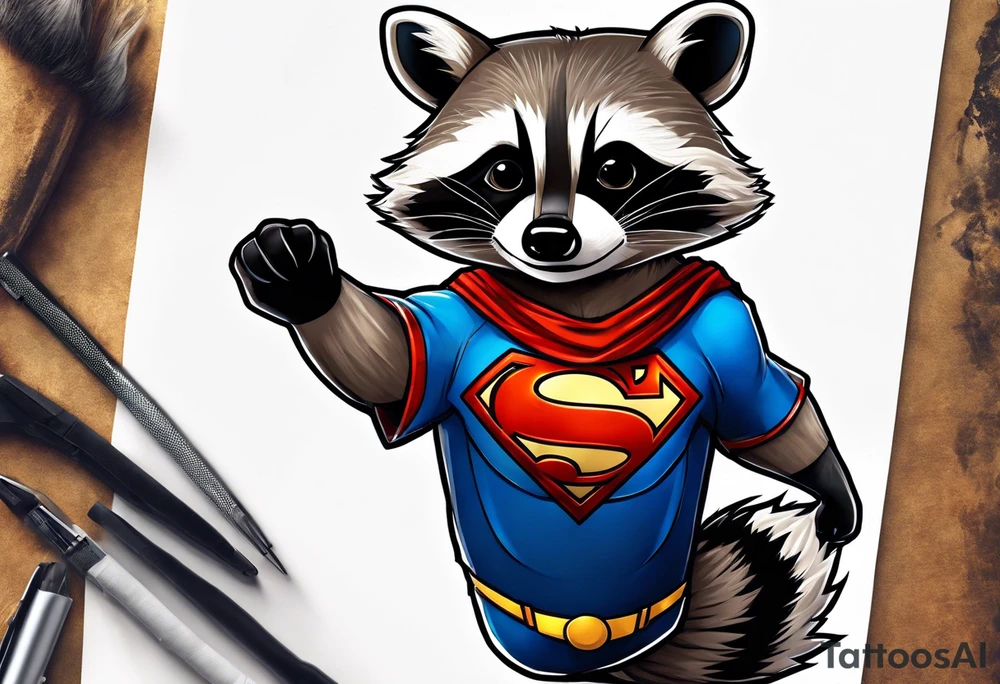 raccoon wearing a Superman t-shirt tattoo idea