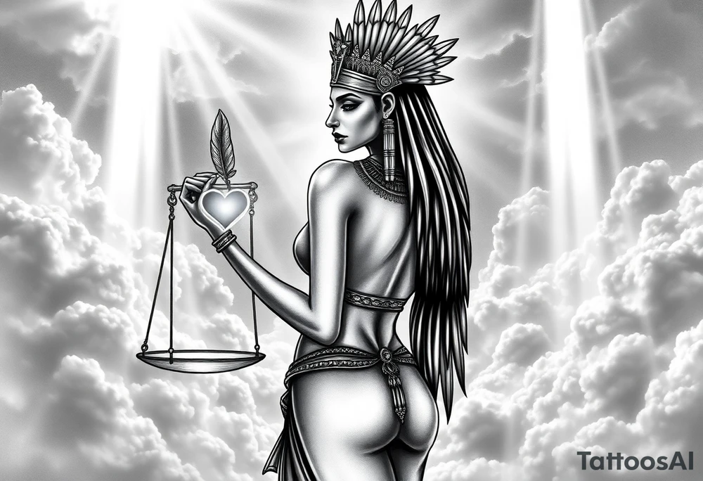A sensual, curvaceous Egyptian goddess stands with her back slightly turned, accentuating her figure. She wears an elaborate ostrich feather headdress and ornate, intricate ancient Egyptian jewelry draped across her body. Her expression is mysterious and confident. In one hand, she holds the Scales of Justice: one side holds a radiant, glowing heart; the other, Ma’at’s feather. The scales themselves shimmer with an otherworldly light.
The background is a surreal, heavenly landscape filled with luminous clouds and beams of divine light piercing through, creating dramatic contrasts of deep shadows and highlights. The entire scene is bathed in an ethereal, mystical glow, with a dreamlike, almost supernatural atmosphere. tattoo idea
