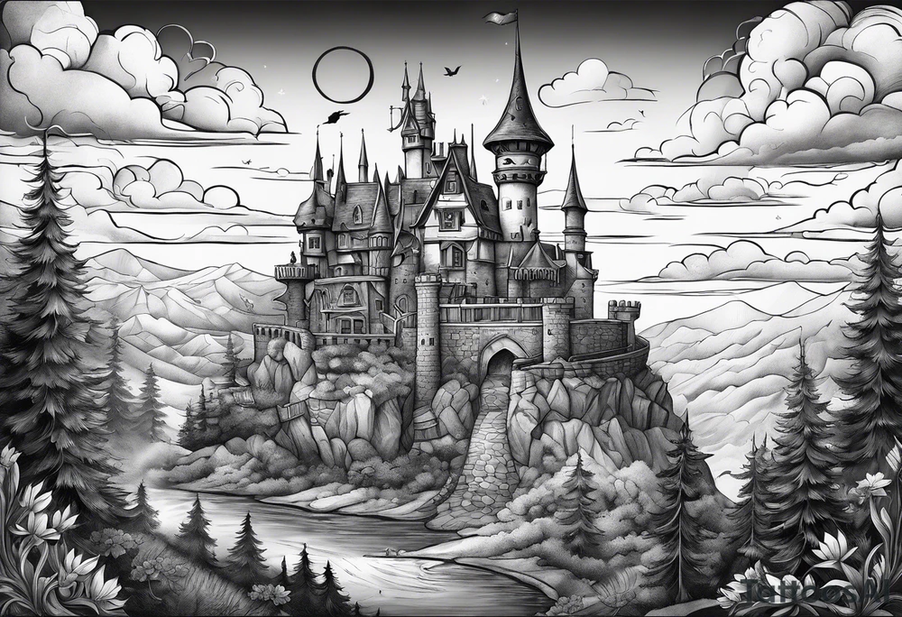 The words "Why not now?" are surrounded by Howel's moving castle tattoo idea The words "Why not now?" are surrounded by Howel's moving castle tattoo idea