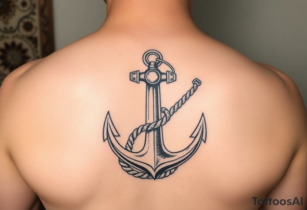 weathered anchor wrapped in nautical rope with sea waves tattoo idea