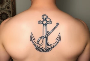 weathered anchor wrapped in nautical rope with sea waves tattoo idea