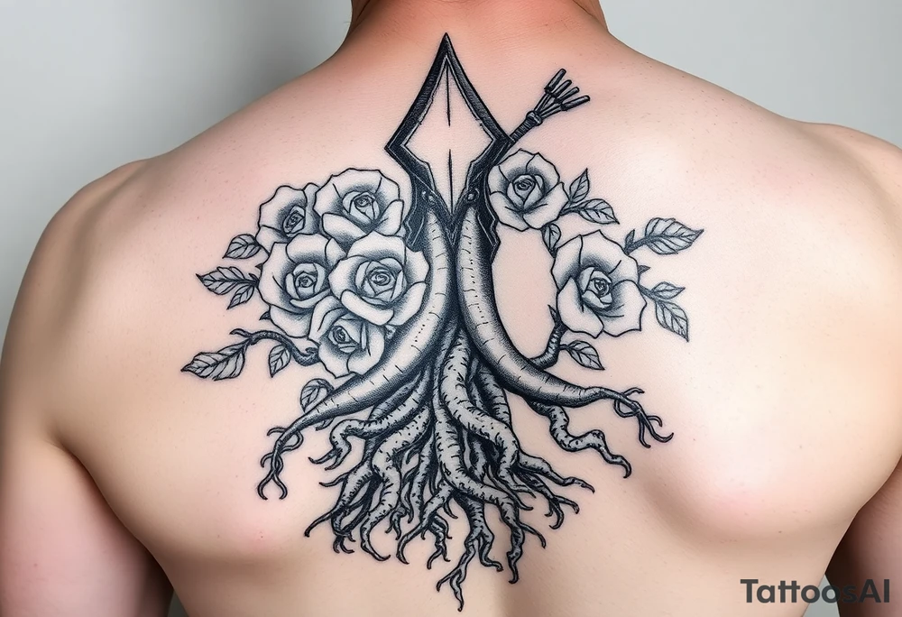 Gods hand, squid knight with roses and tree roots tattoo idea