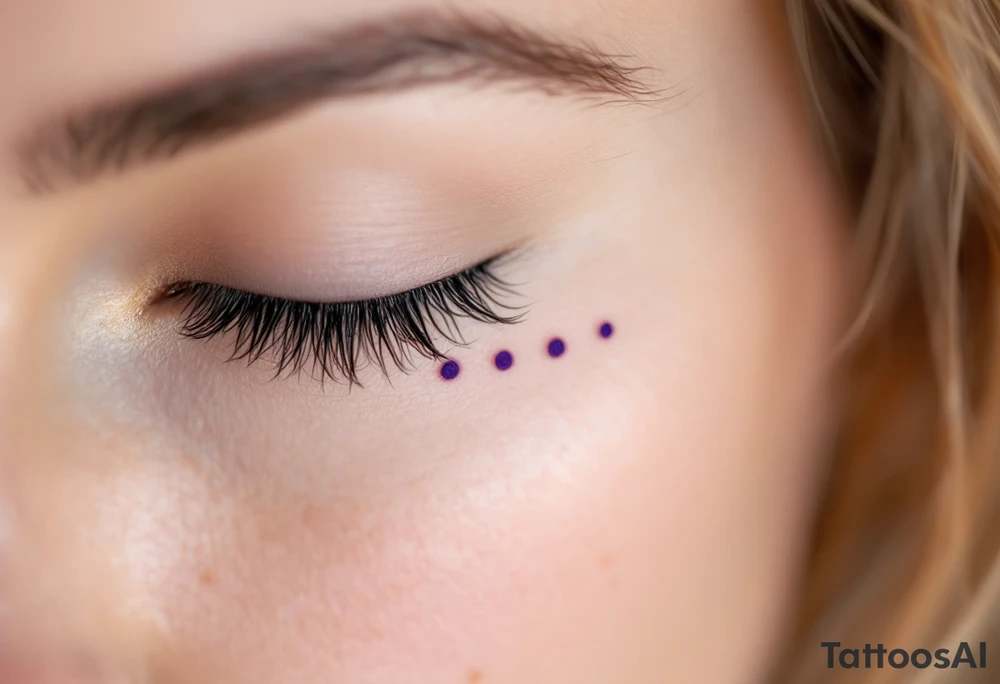 Three purple ink dots aligned horizontally beneath the eye (micro-tattoo), representing intuition, mystery, and transformation. tattoo idea