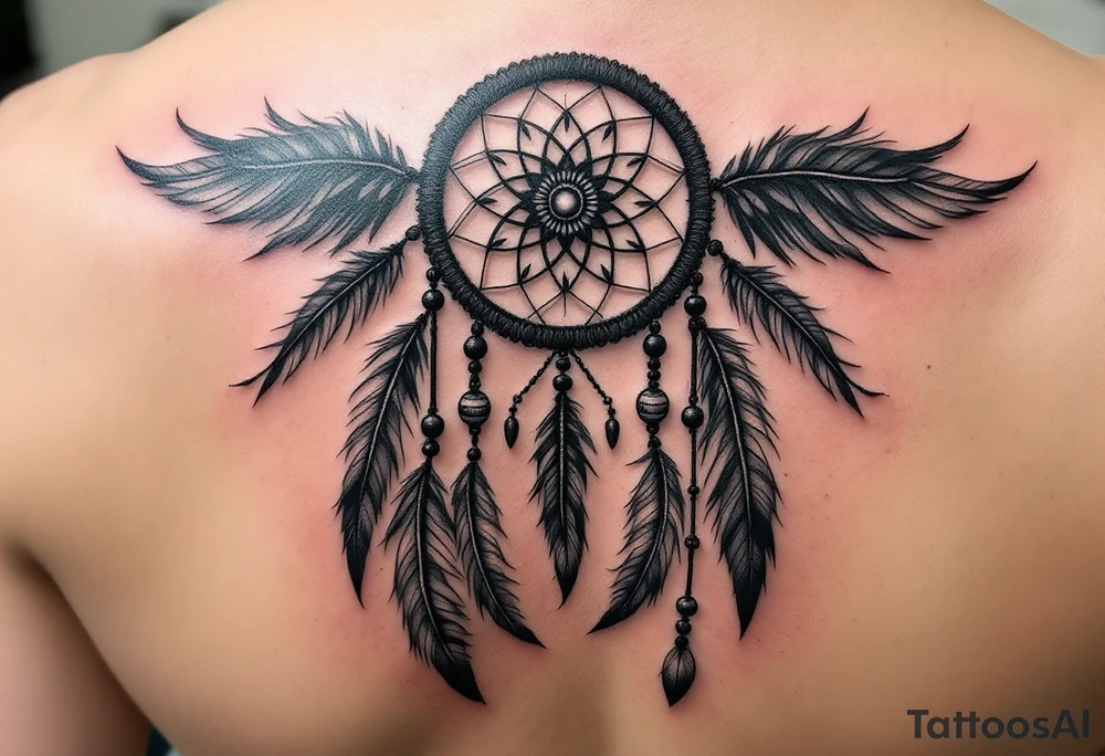 native dreamcatcher with flowing feathers and sacred beads tattoo idea