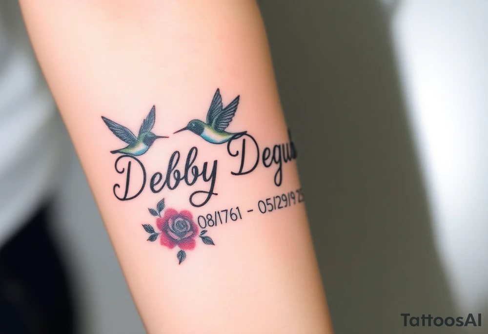 Cursive name Debby Deguzman surrounded by a hummingbird a rose and these dates 08/17/61 - 05/29/25 tattoo idea