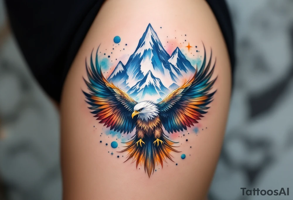 majestic eagle spreading wings against mountain peaks tattoo idea