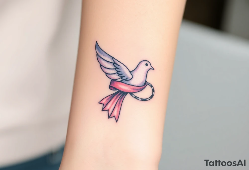 A ring dove with a flowing ribbon wrapped around its neck, in light pastel colors like lavender and pale pink, symbolizing connection and fidelity tattoo idea