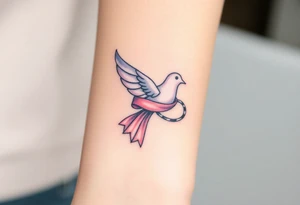 A ring dove with a flowing ribbon wrapped around its neck, in light pastel colors like lavender and pale pink, symbolizing connection and fidelity tattoo idea