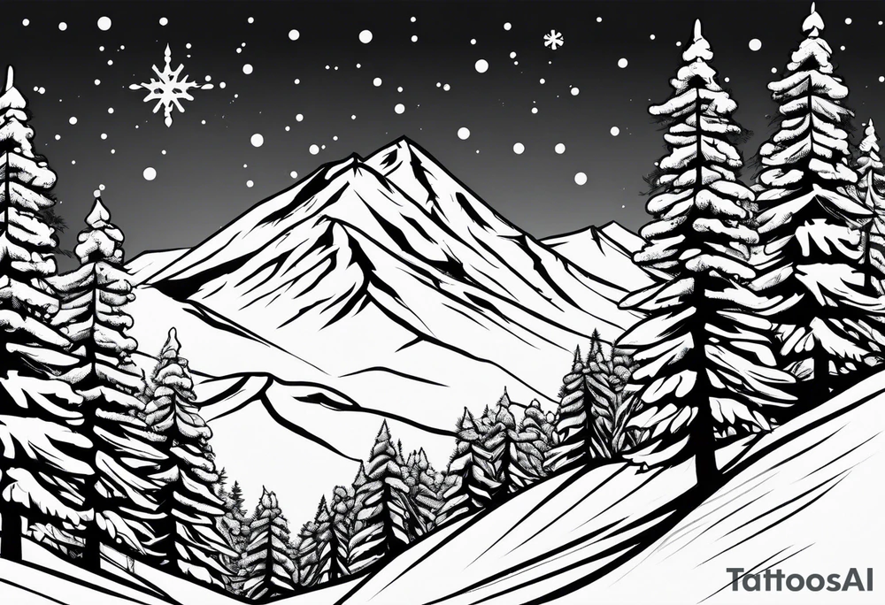 Skier mountain cartoon snowflakes power trees tattoo idea