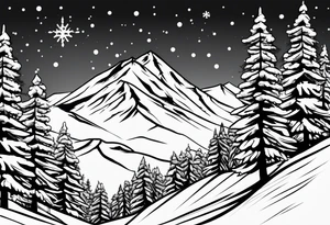 Skier mountain cartoon snowflakes power trees tattoo idea