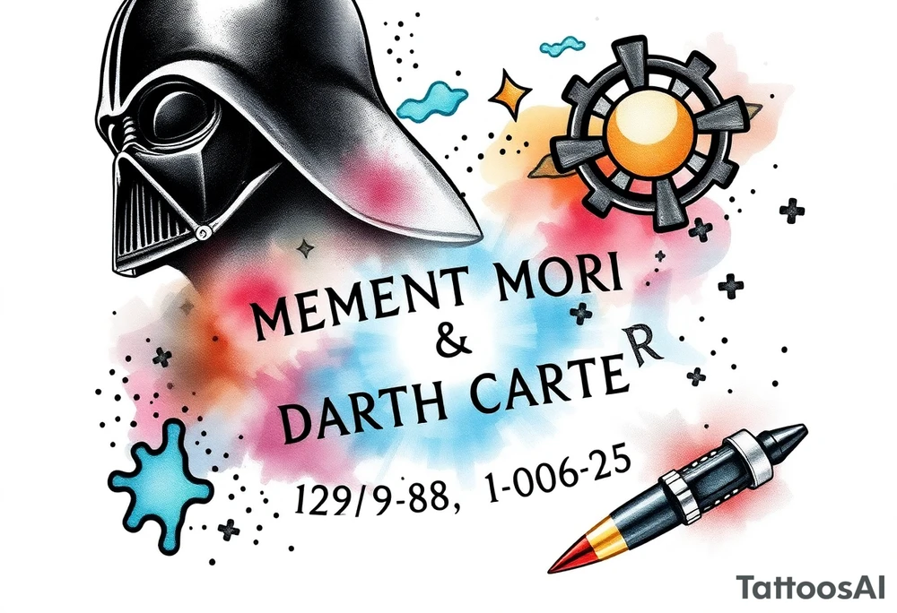 futuristic, spacey, memory tattoo: star wars, space, Harley Davidson, skateboarding, camping, puzzle pieces, video games, heaven, god, outdoors, bullets, words MEMENTO MORI & DARTH CARTER 12/29/88-01/06/2025 tattoo idea