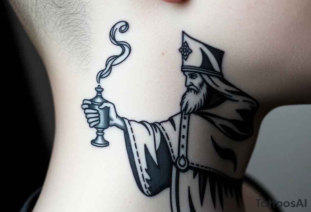 Russian Orthodox Priest in fully detailed vestment swinging a censer with smoke curling upward tattoo idea