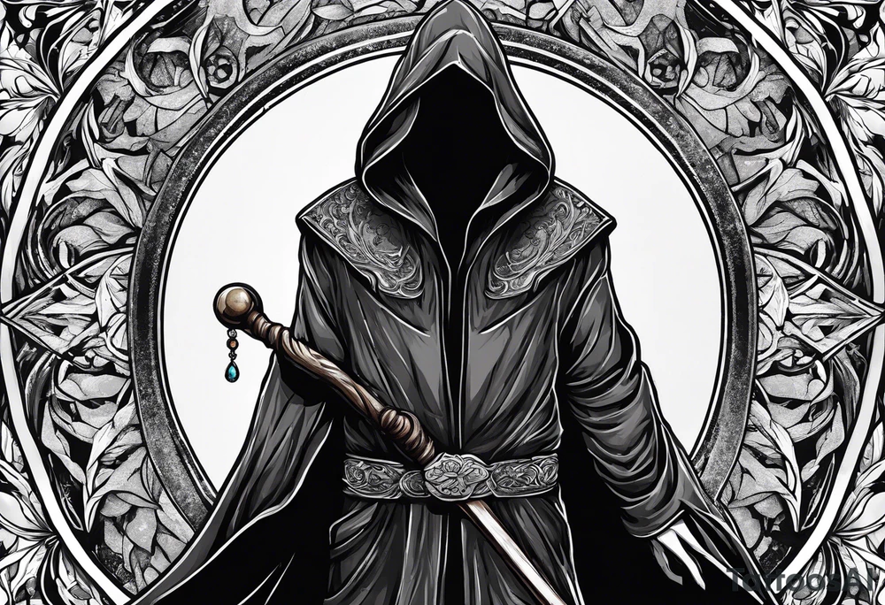 Hooded figure with no face carrying wooden staff with gem on top and wearing a long tattered cloak tattoo idea