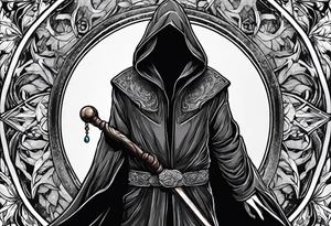 Hooded figure with no face carrying wooden staff with gem on top and wearing a long tattered cloak tattoo idea