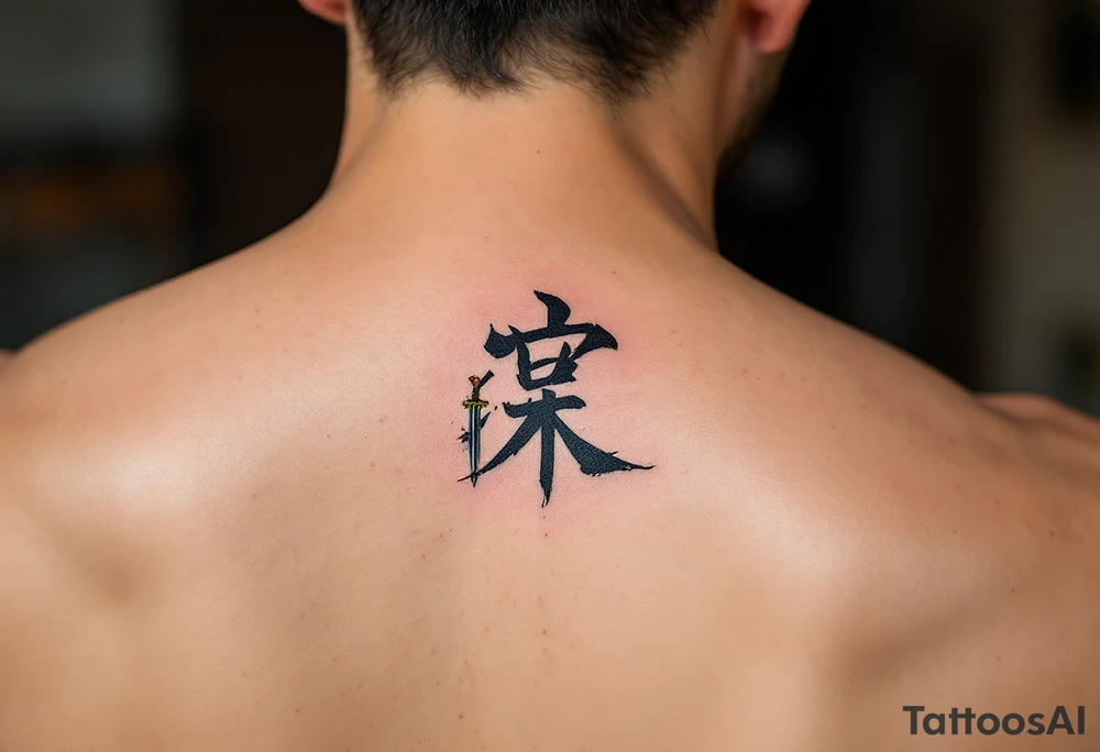 诚 (chéng, “honesty”) in clean black strokes with a sword represents truth and integrity. tattoo idea