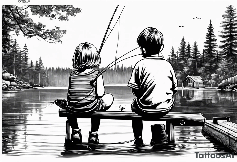 forearm tattoo set on a dock on a lake. There is a little boy sitting next to a little girl. The little boy is fishing and the little girl is reading. There are trees surrounding the lake. tattoo idea