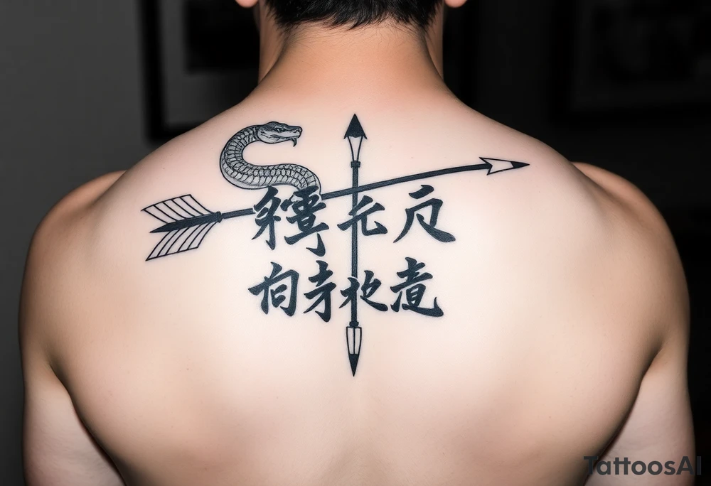 japanese writing with bow and arrow with snake wrapped around on chest tattoo idea