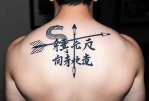 japanese writing with bow and arrow with snake wrapped around on chest tattoo idea