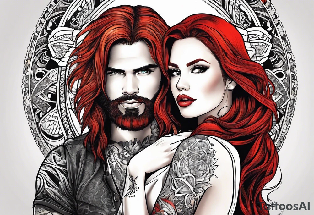 Busty red haired woman with a bearded man who has black hair tattoo idea
