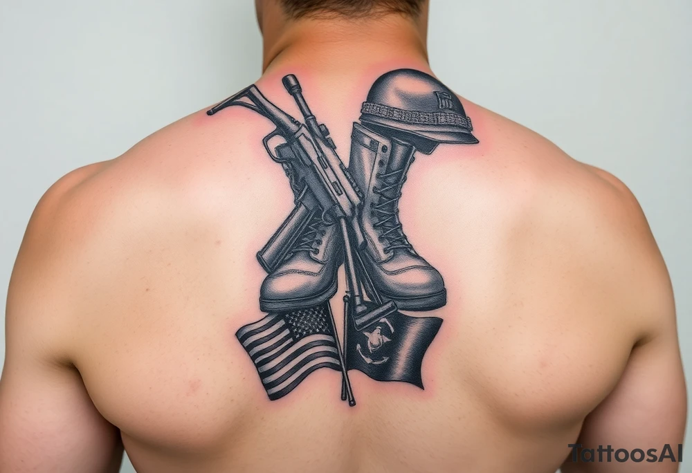 military boots, rifle, helmet memorial tattoo, with Navy and Marine corp flags in color on lower left back tattoo idea