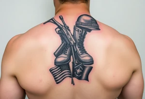 military boots, rifle, helmet memorial tattoo, with Navy and Marine corp flags in color on lower left back tattoo idea