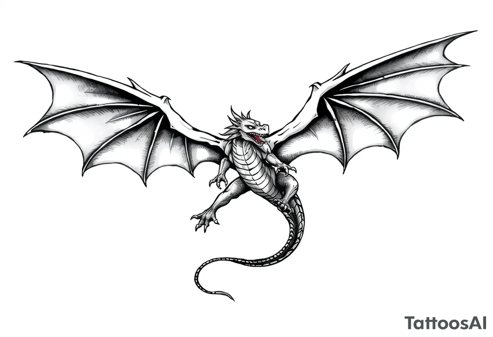 Dragon flying with outstretched wings on both sides and a long and slender body and outstretched tail tattoo idea