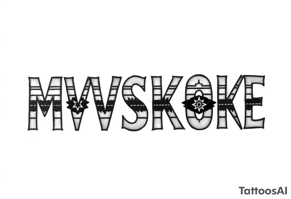 The word “MVSKOKE” shaded with Native American pattern tattoo idea