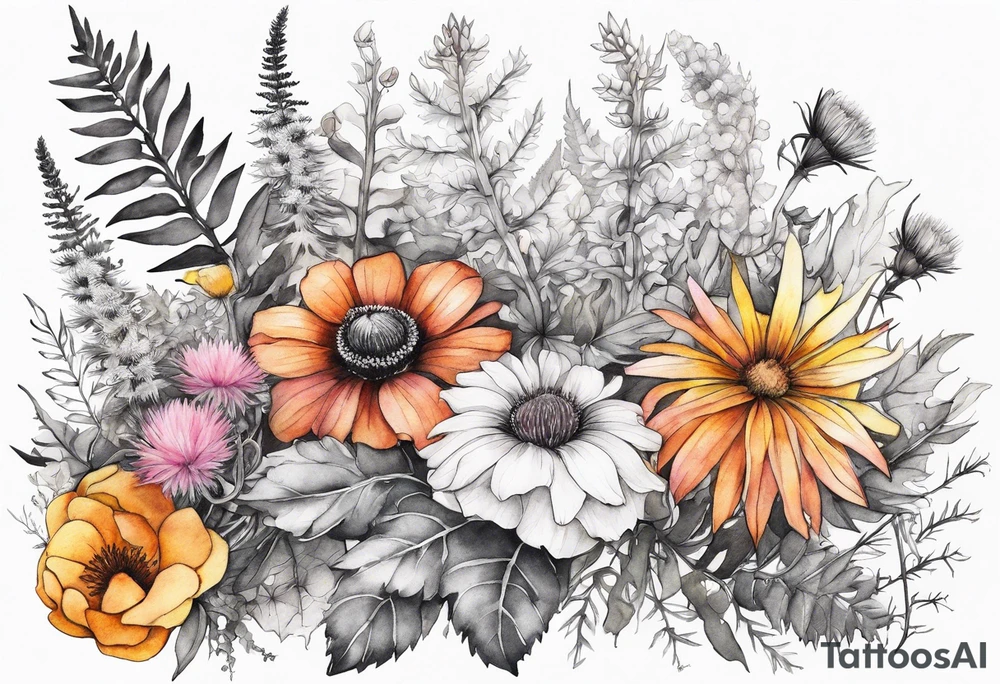 mixed wildflower cascading with thistles, ferns, burnt orange flower, white flowers, pink flowers, and yellow flowers all in watercolor tattoo idea