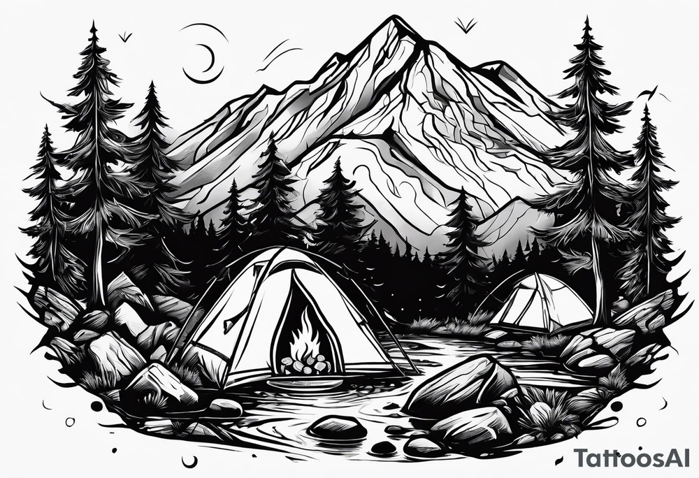 small camp fire at the base of a mountain tattoo idea