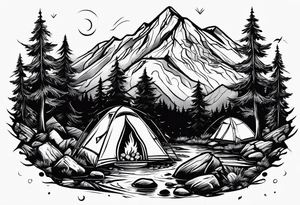 small camp fire at the base of a mountain tattoo idea